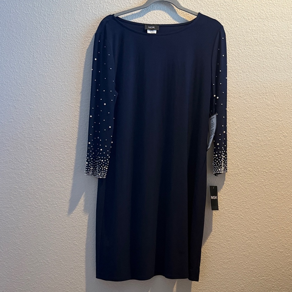 MSK Dark Blue Dress with Beaded Sleeves